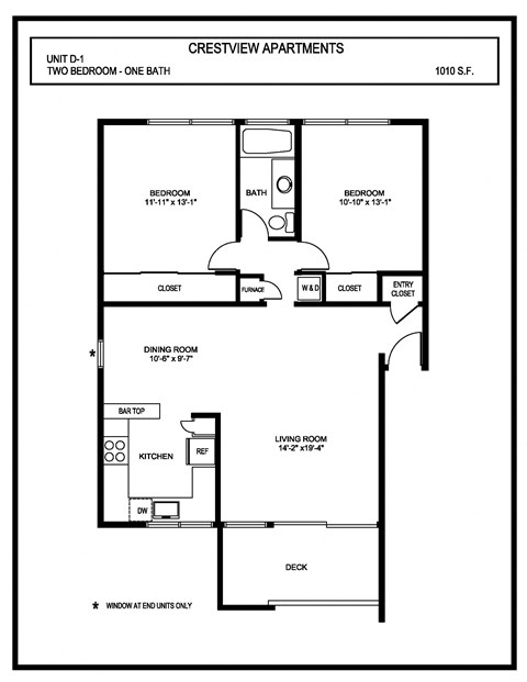 Floor plan for 2 beds, 1 bath, 1010 sqft